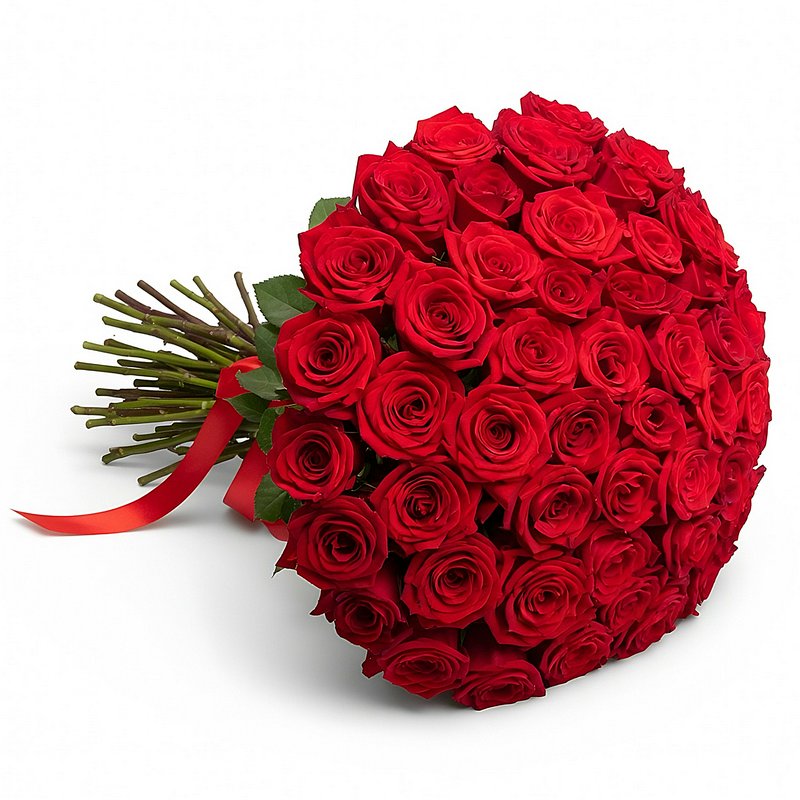 Bouquet of 75 Red Roses Tied with a Ribbon.
