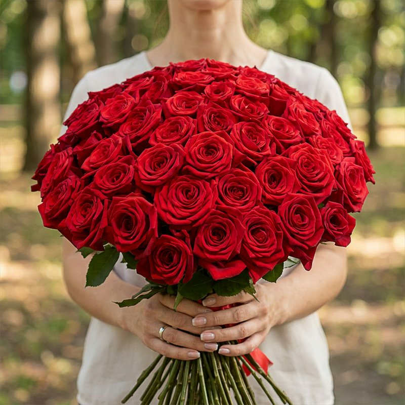 Bouquet of 75 Red Roses Tied with a Ribbon.