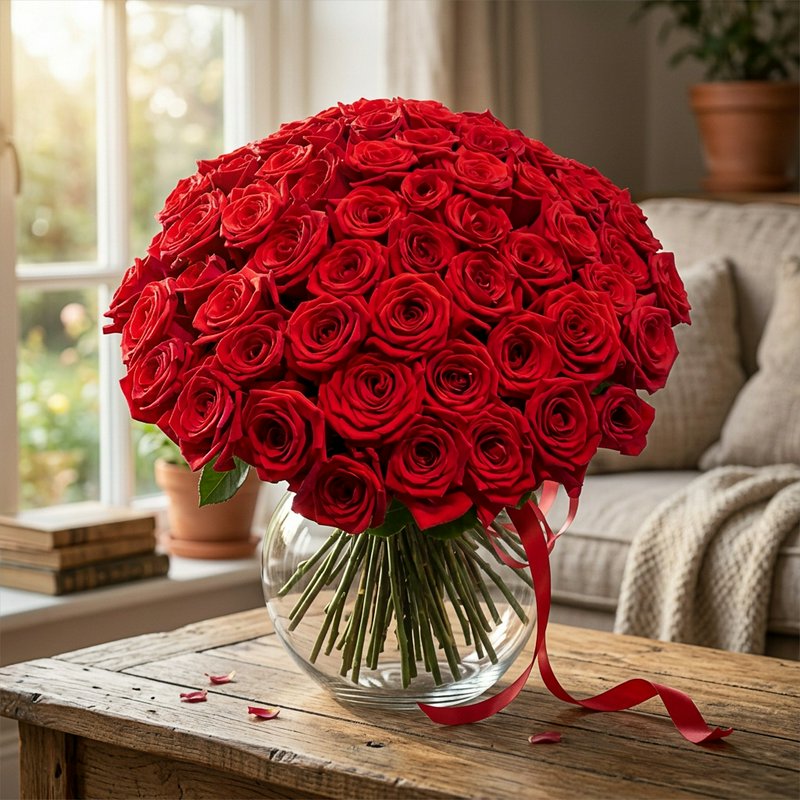 Bouquet of 75 Red Roses Tied with a Ribbon.
