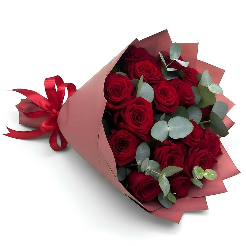 Bouquet of 15 Red Roses Wrapped with Greenery