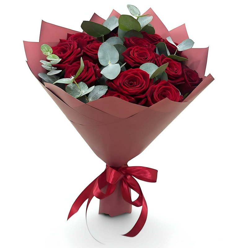 Bouquet of 15 Red Roses Wrapped with Greenery