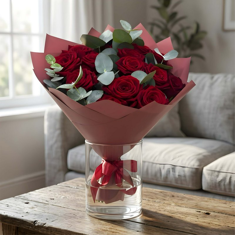 Bouquet of 15 Red Roses Wrapped with Greenery