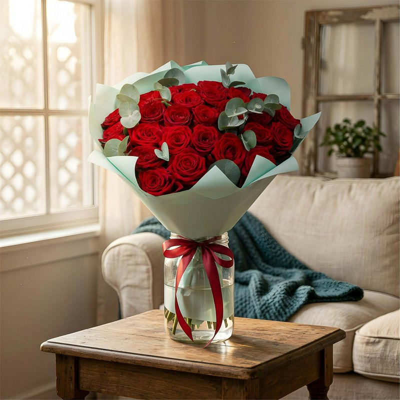 Bouquet of 25 Red Roses with Greenery