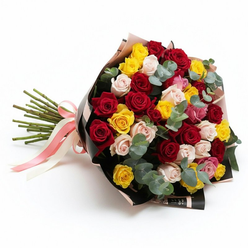 A bouquet of mixed color roses