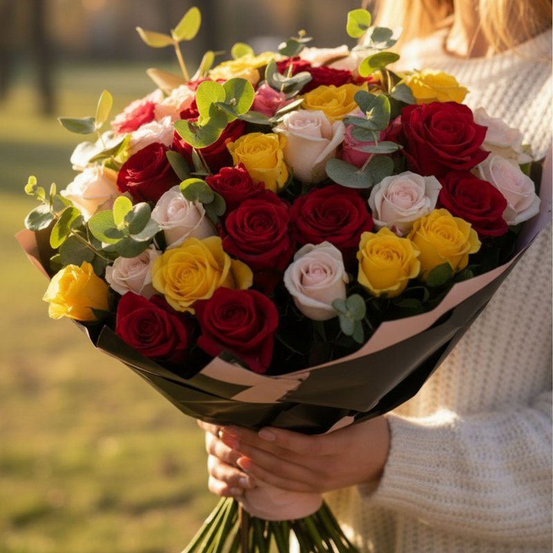 A bouquet of mixed color roses