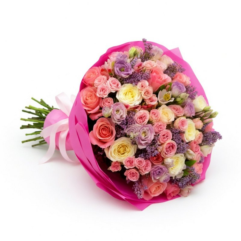 A bouquet with roses and eustomas in shades of pink