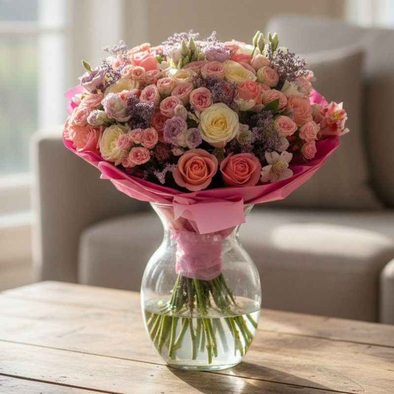 A bouquet with roses and eustomas in shades of pink