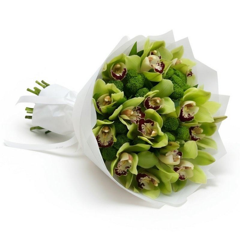 A bouquet of green orchids and chrysanthemums