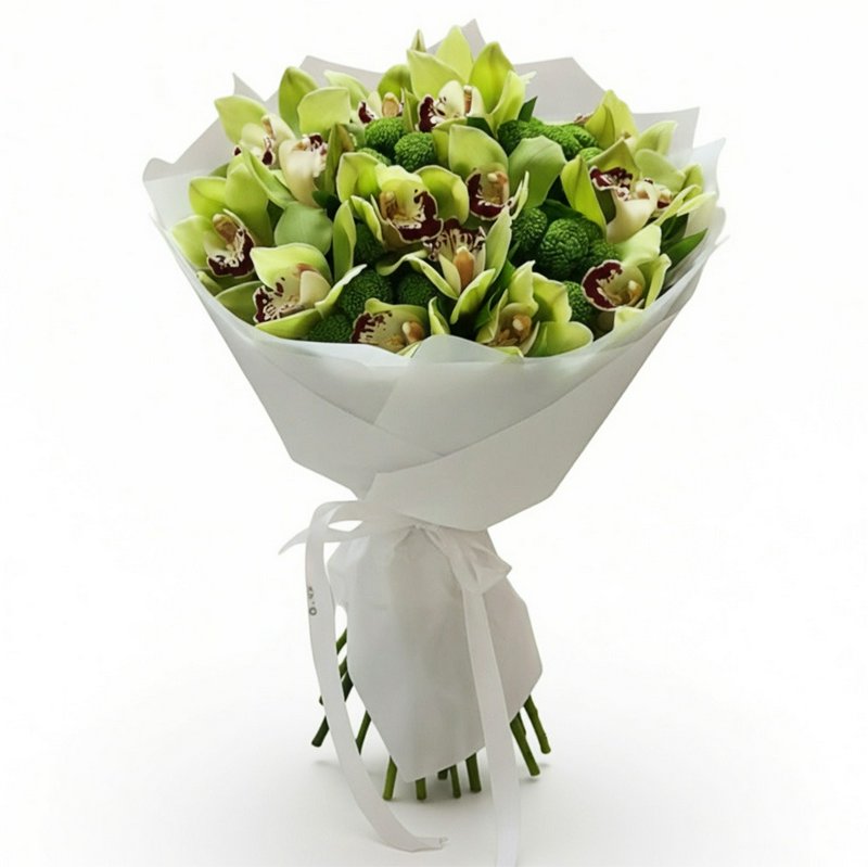 A bouquet of green orchids and chrysanthemums