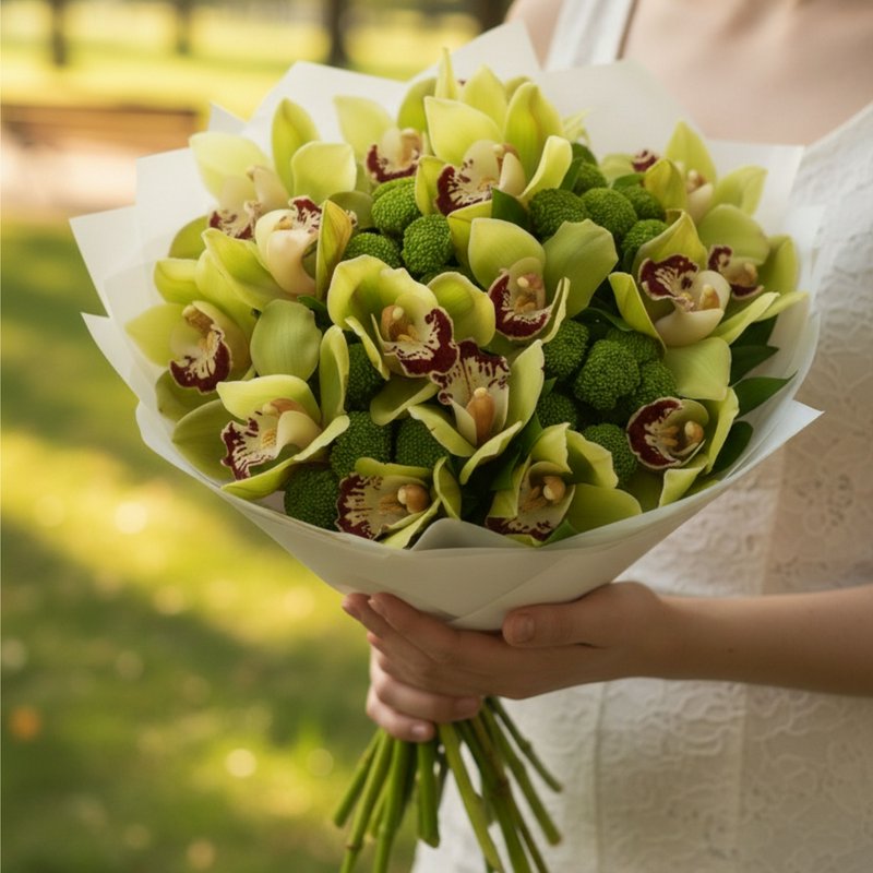 A bouquet of green orchids and chrysanthemums