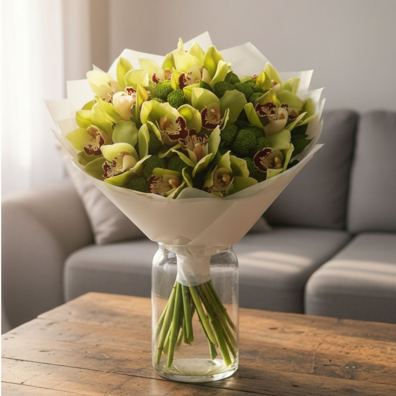 A bouquet of green orchids and chrysanthemums