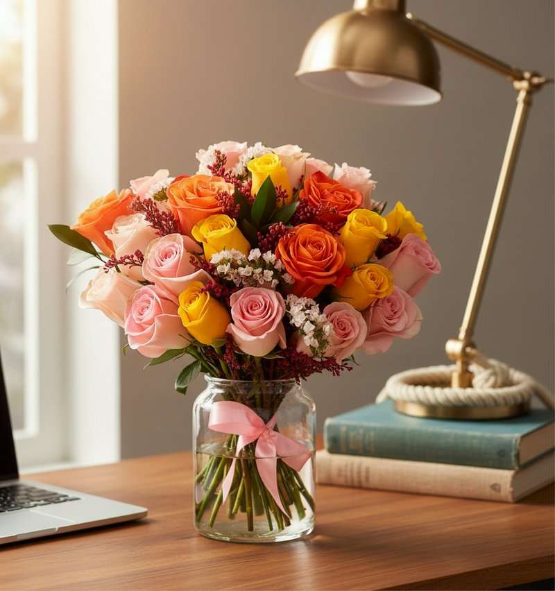A bouquet with pink, yellow and coral roses