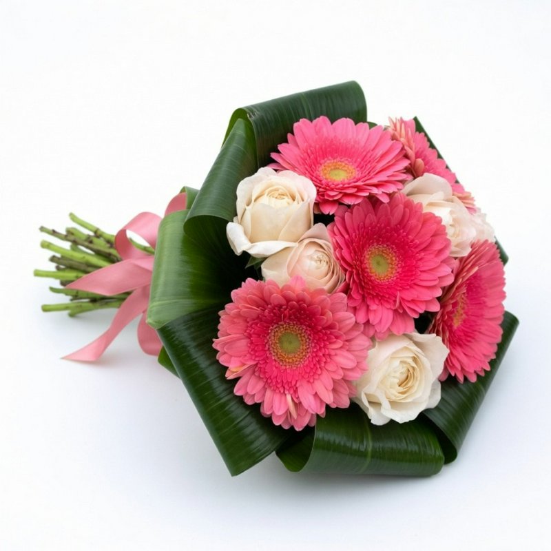 A bouquet of cream roses and pink gerberas