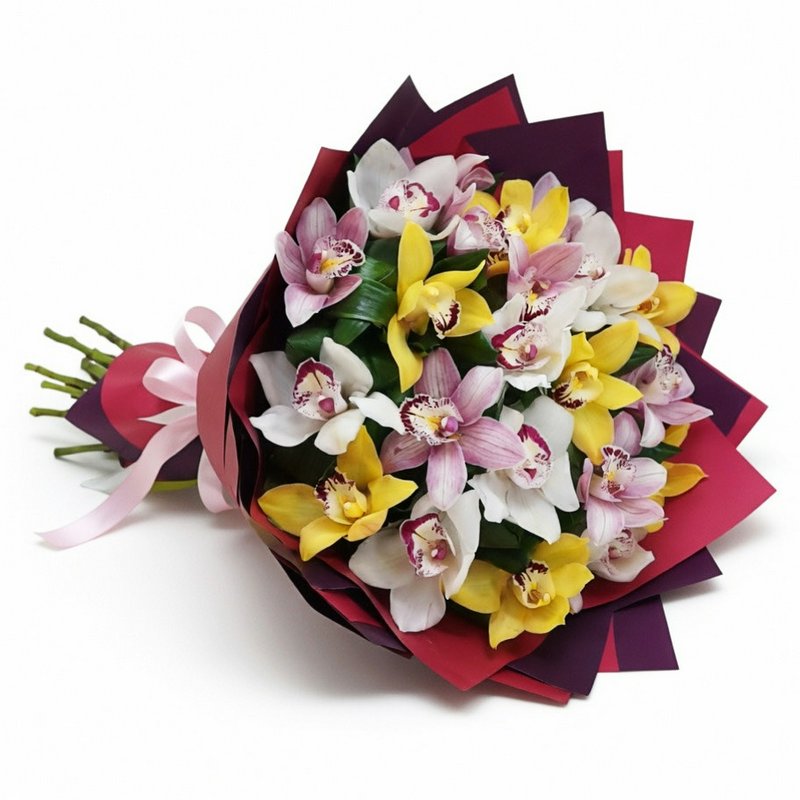 A bouquet of orchids of different shades