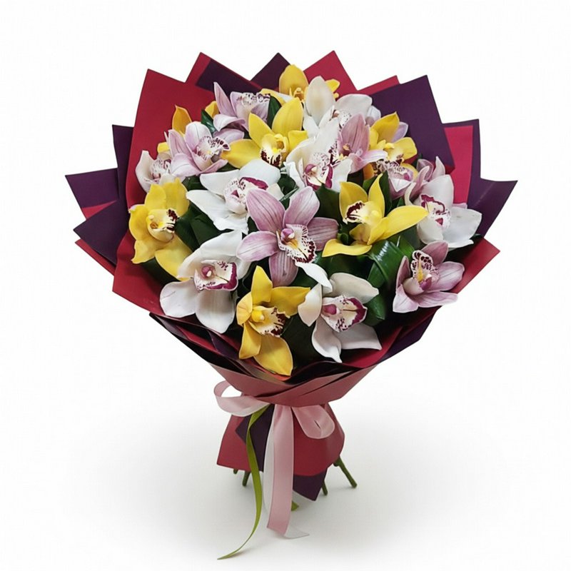 A bouquet of orchids of different shades