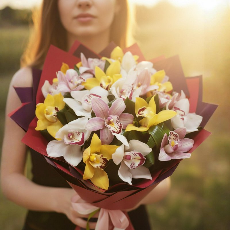 A bouquet of orchids of different shades