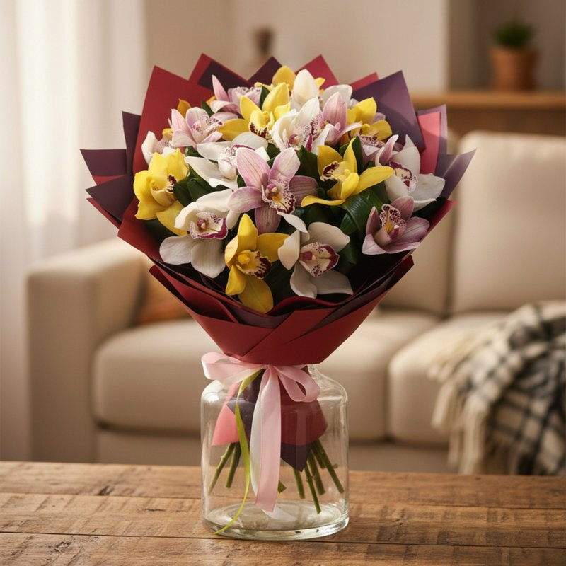 A bouquet of orchids of different shades
