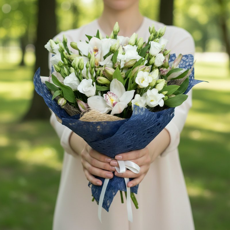 A white bouquet of orchids, alstroemerias, and lisianthus