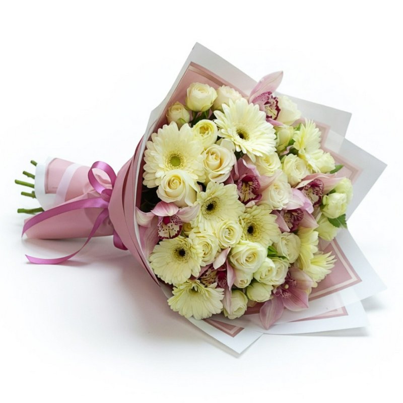 Bouquet of roses, gerberas, and orchids in white and pink tones