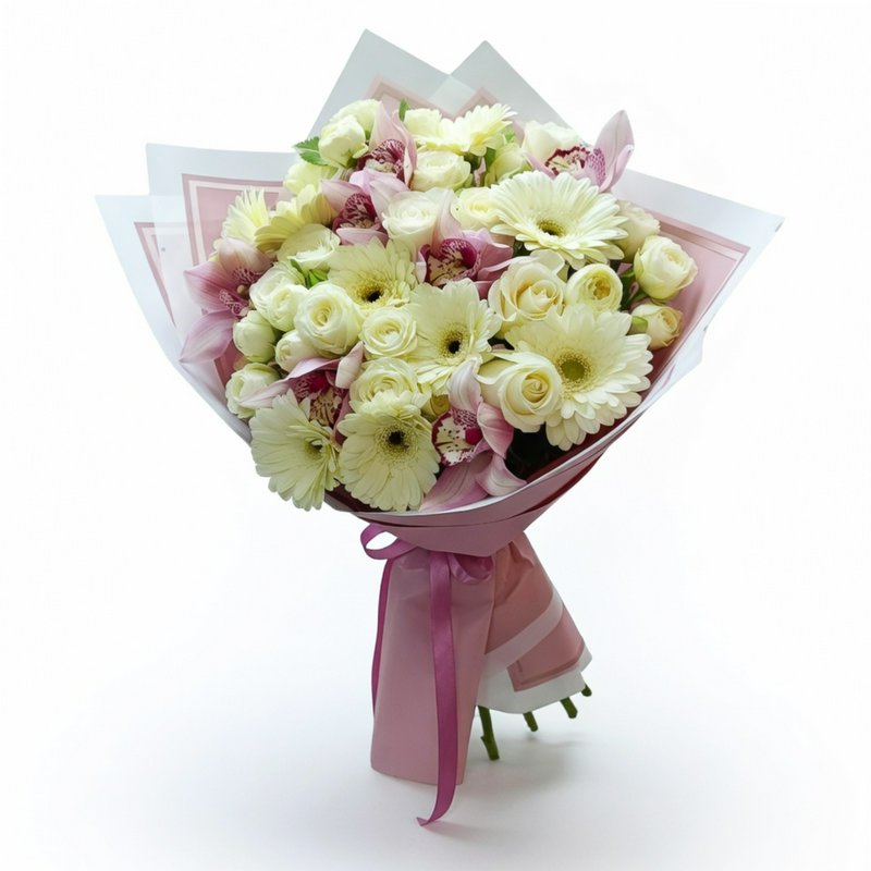 Bouquet of roses, gerberas, and orchids in white and pink tones