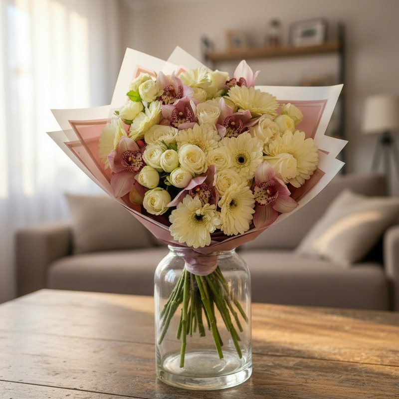 Bouquet of roses, gerberas, and orchids in white and pink tones