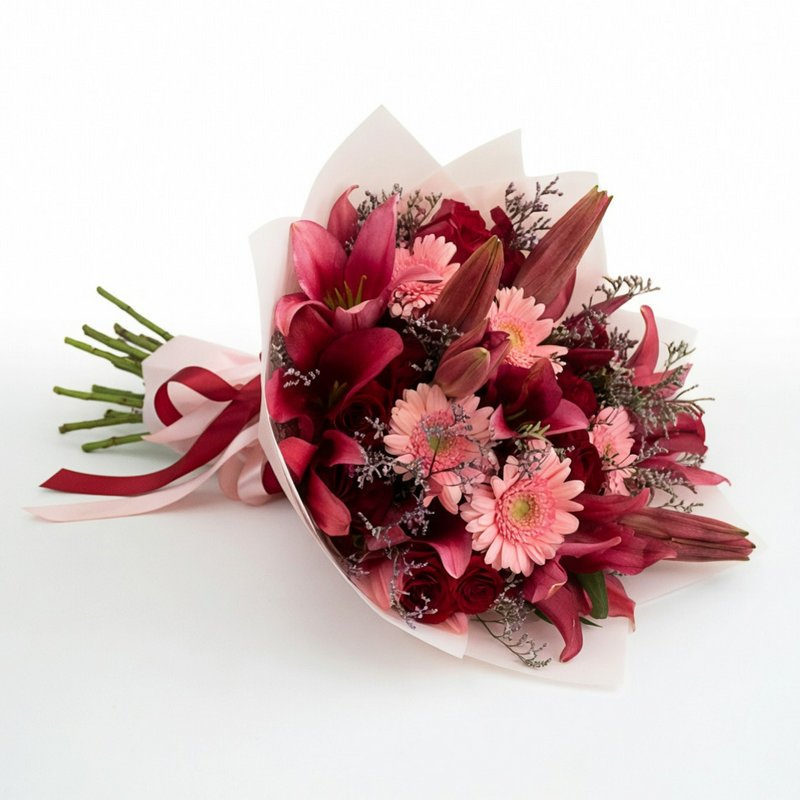 A pink bouquet with lilies, roses, and gerberas