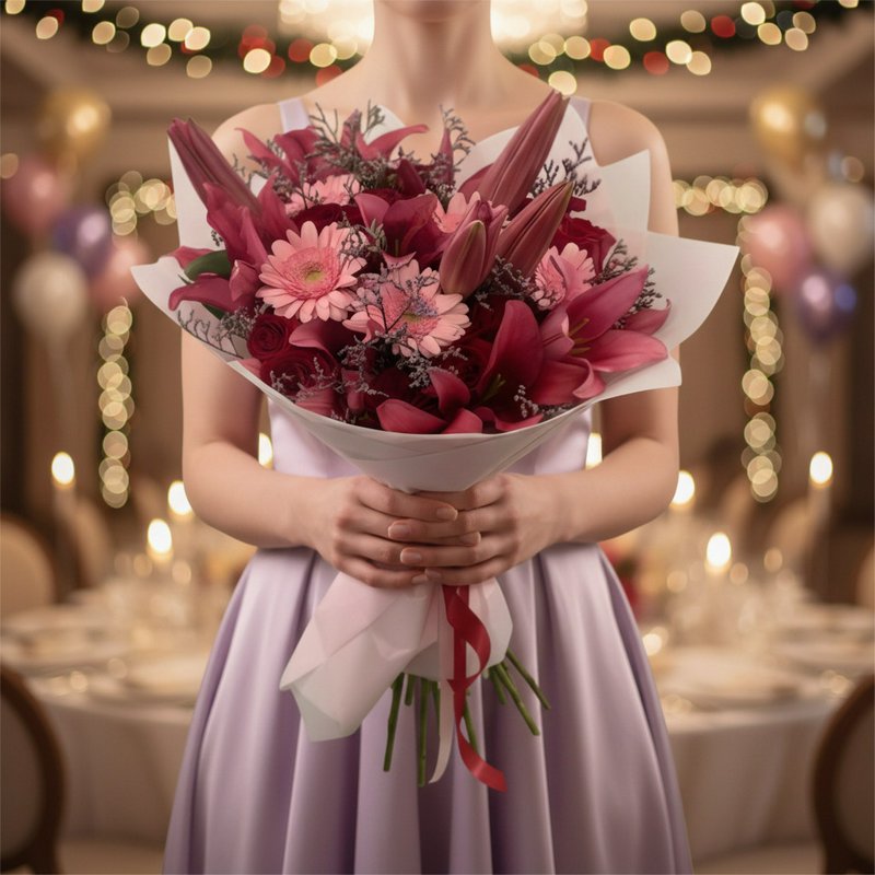 A pink bouquet with lilies, roses, and gerberas