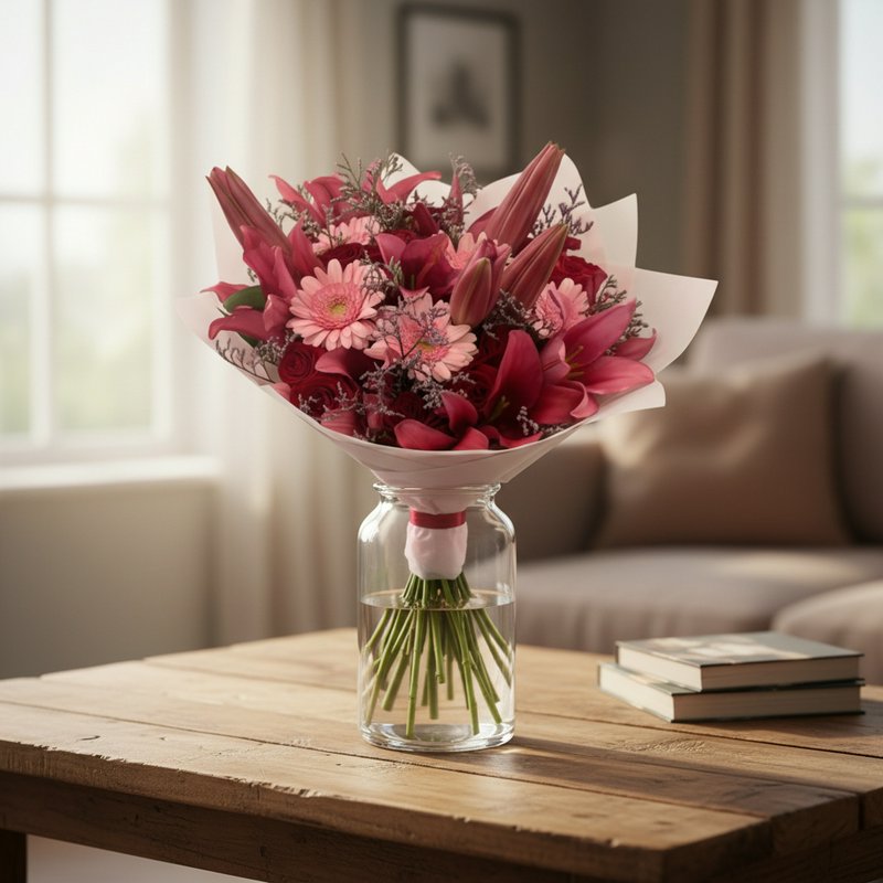 A pink bouquet with lilies, roses, and gerberas