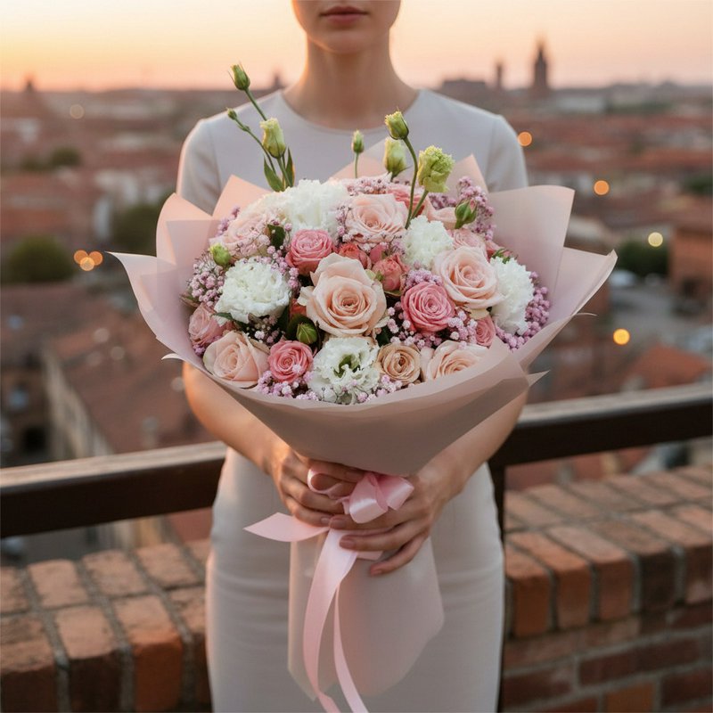 A bouquet of roses and other flowers in soft pink tones