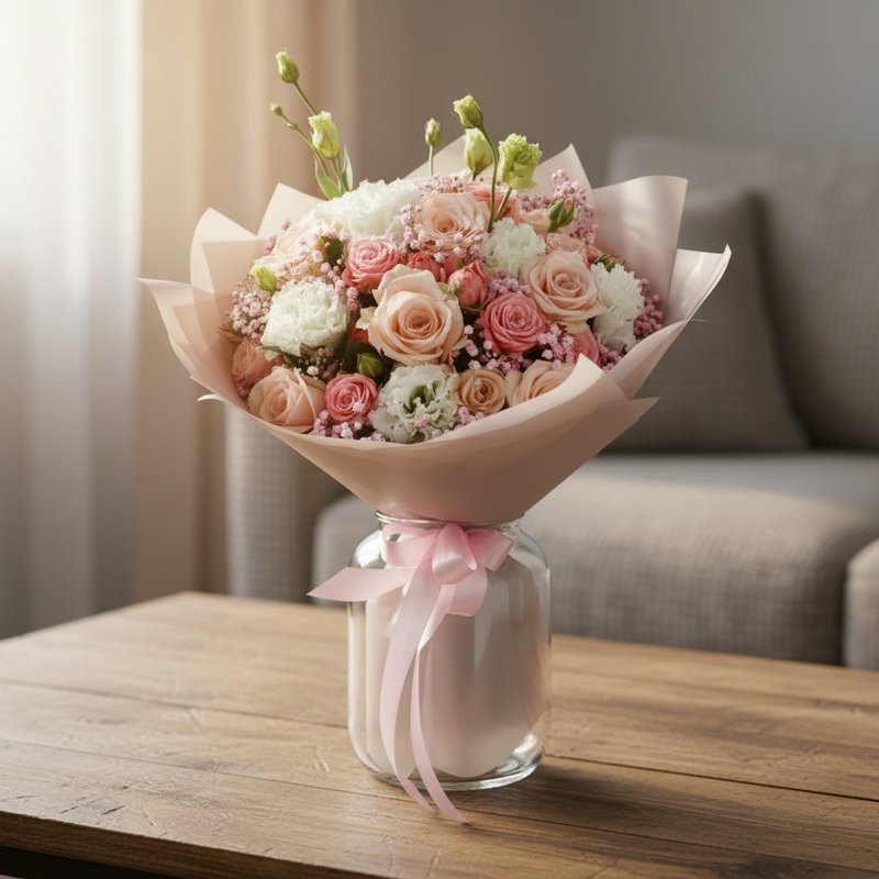 A bouquet of roses and other flowers in soft pink tones
