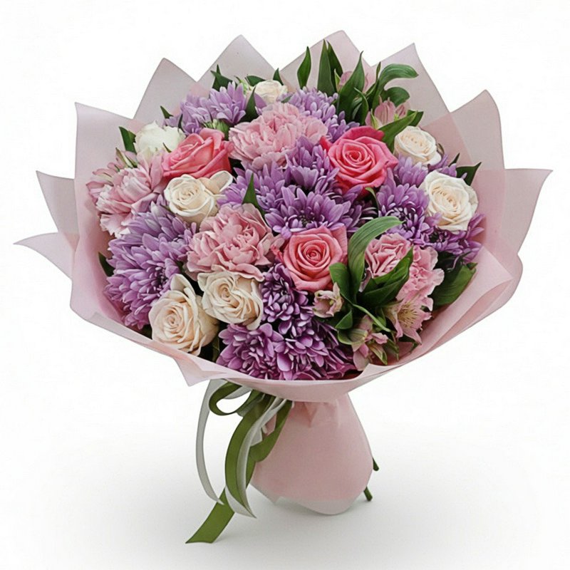 A bouquet of roses and chrysanthemums in lilac-pink tones.