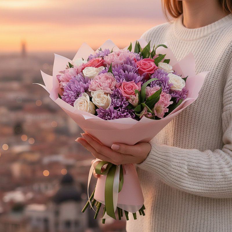 A bouquet of roses and chrysanthemums in lilac-pink tones.