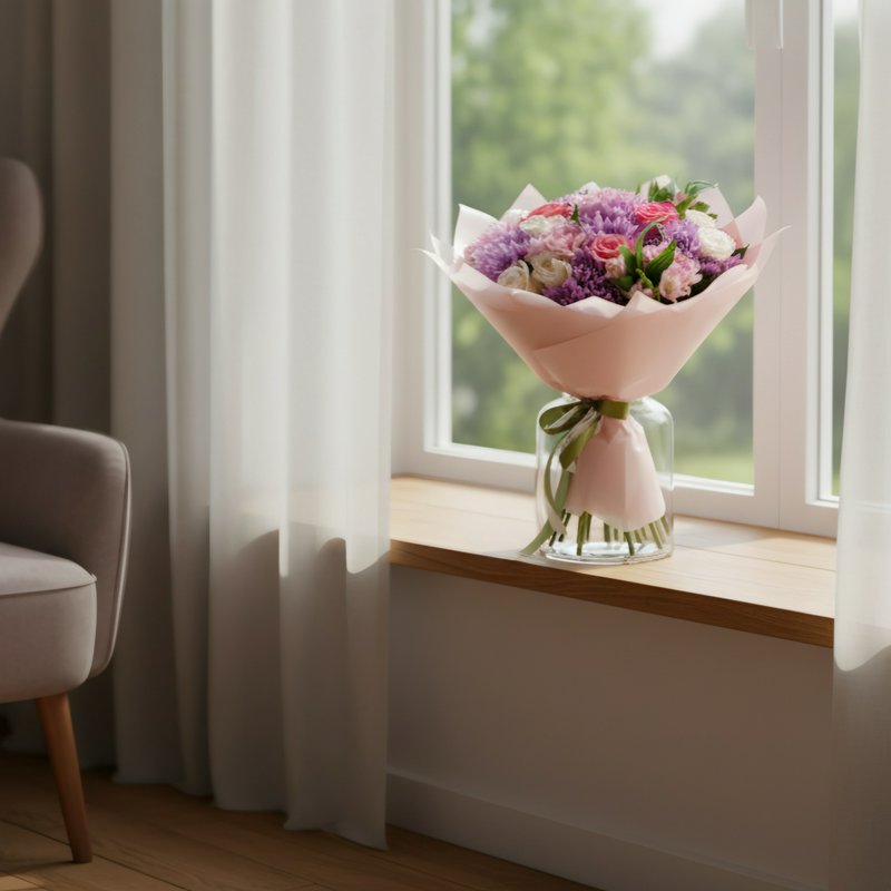 A bouquet of roses and chrysanthemums in lilac-pink tones.