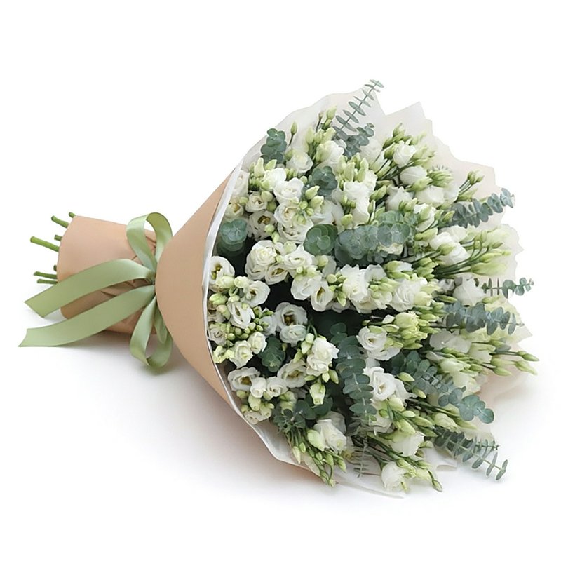 A bouquet of white lisianthus with greenery