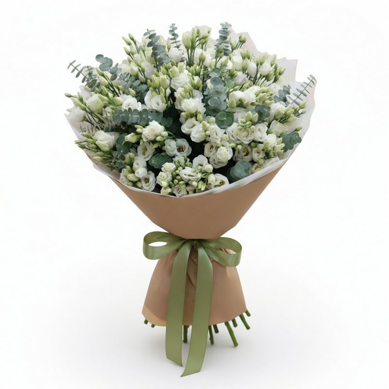 A bouquet of white lisianthus with greenery