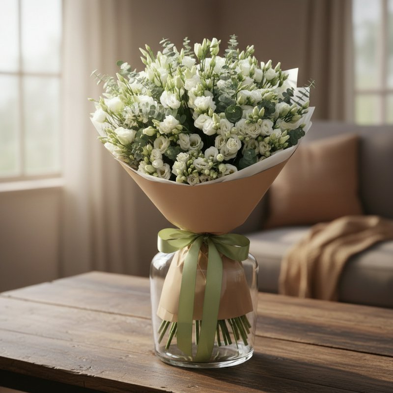 A bouquet of white lisianthus with greenery