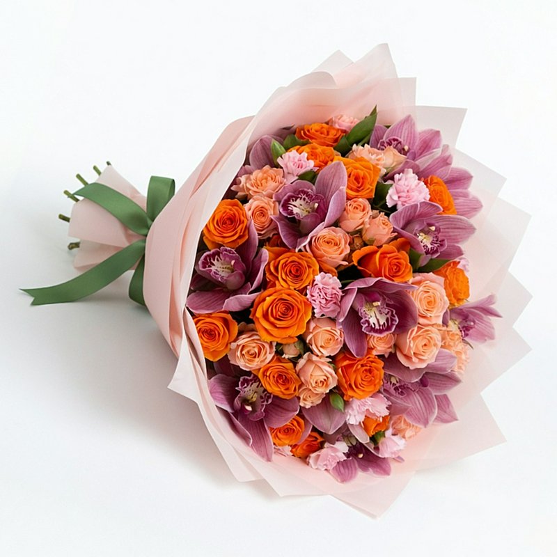 A bouquet with orange roses and purple orchids