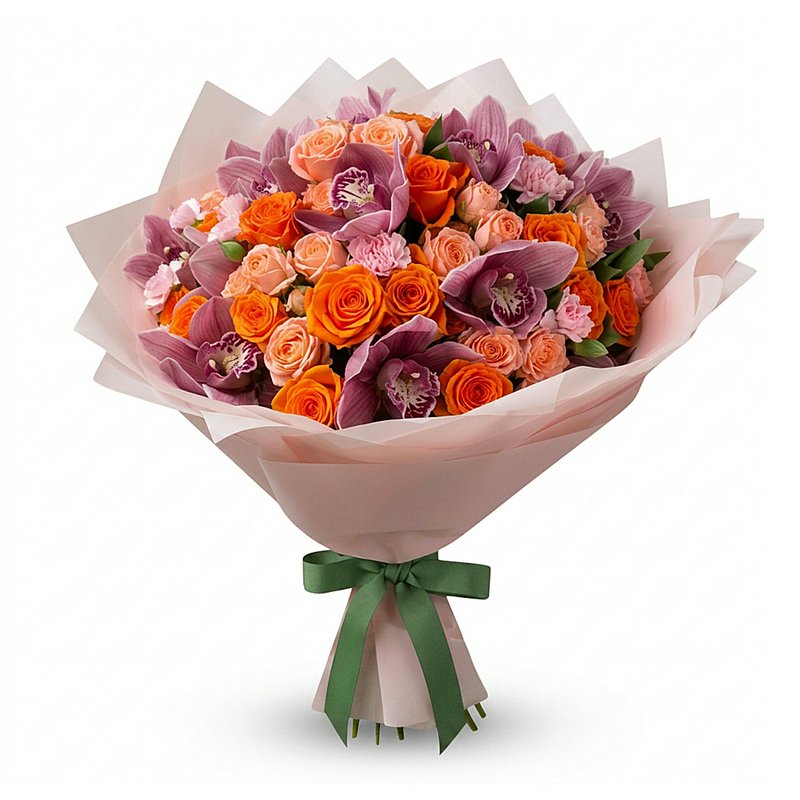 A bouquet with orange roses and purple orchids