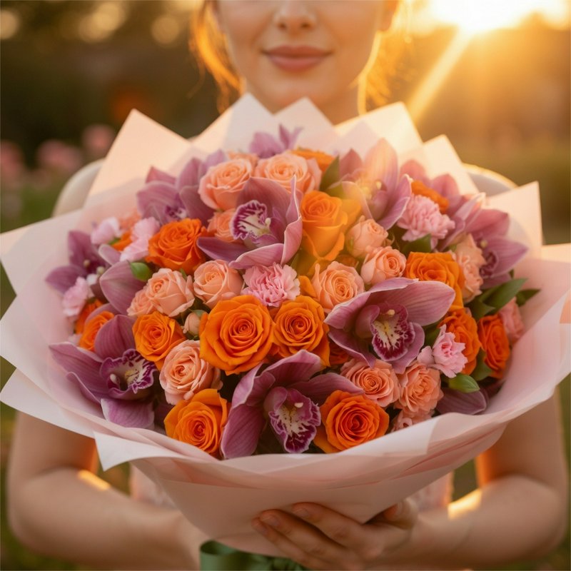 A bouquet with orange roses and purple orchids