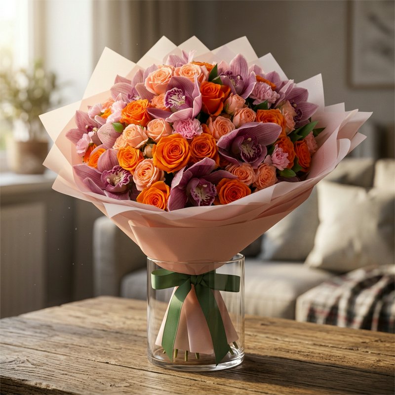 A bouquet with orange roses and purple orchids