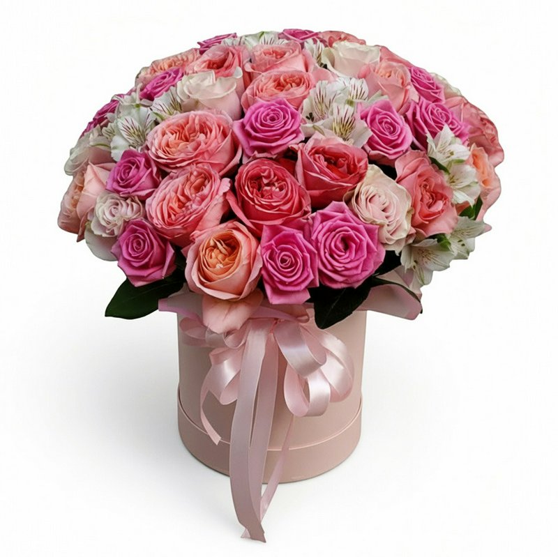 Gift box with roses in various shades