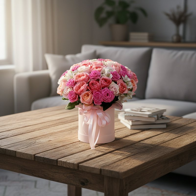 Gift box with roses in various shades