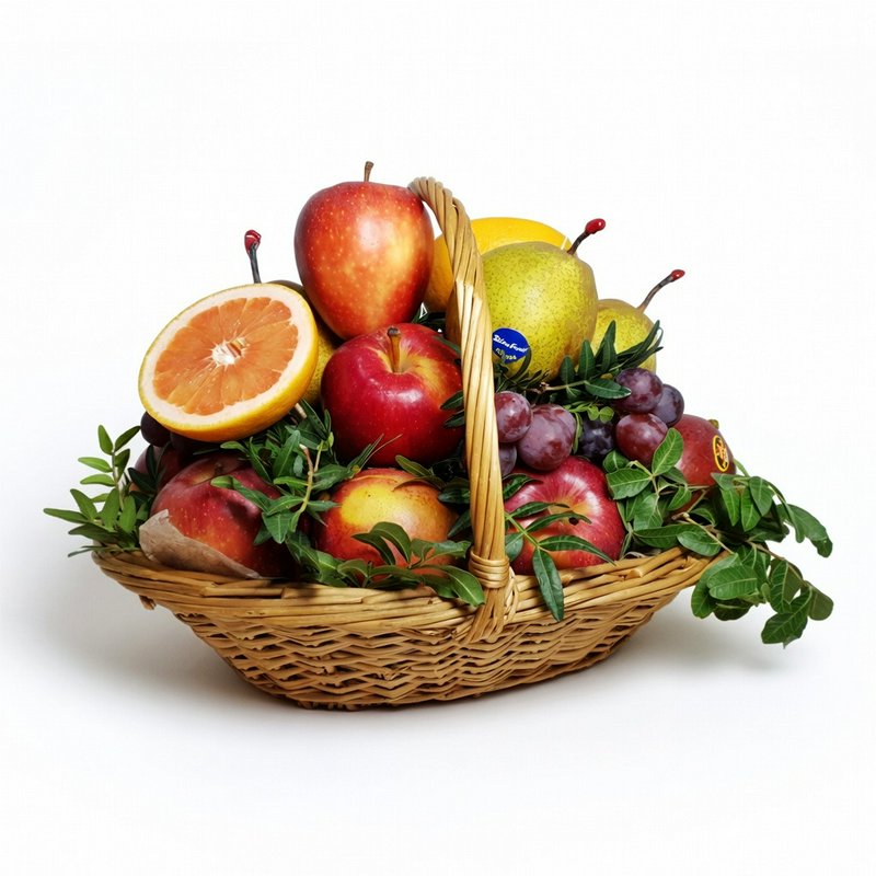Fruit basket decorated with greenery